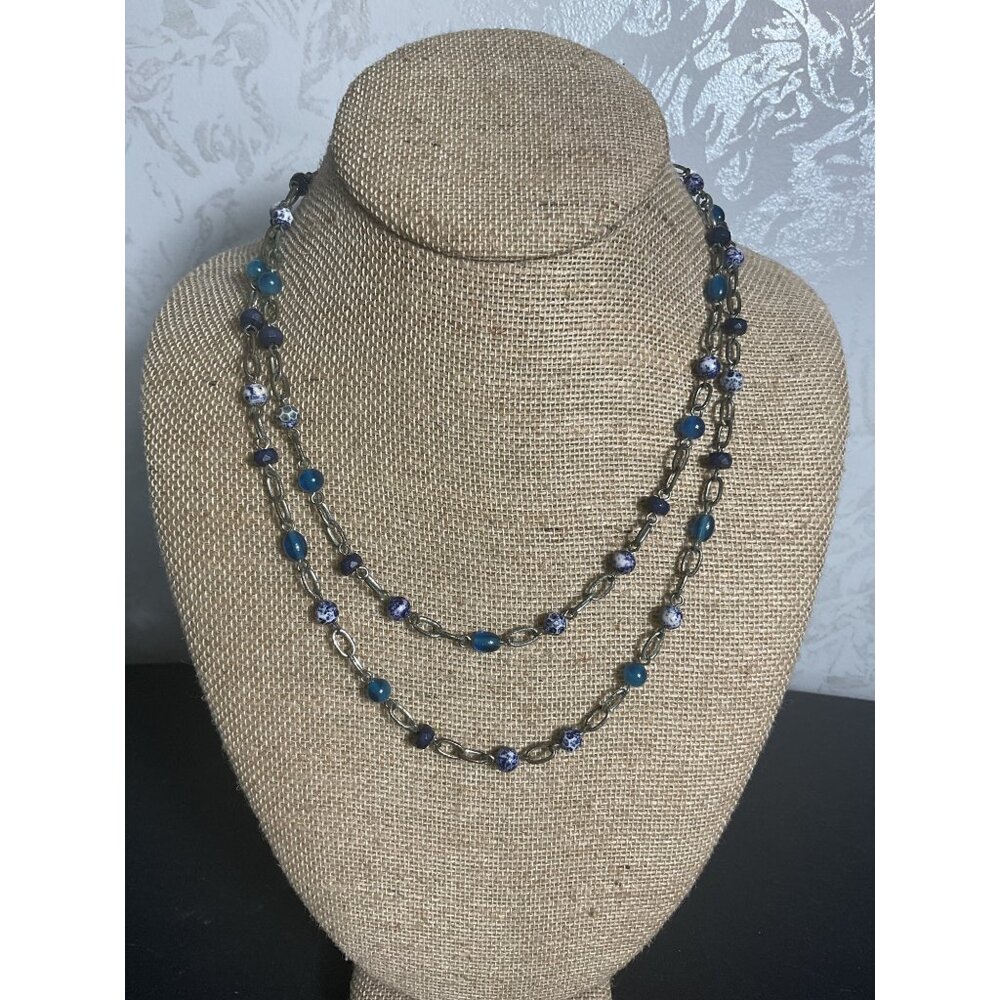 Beaded Necklace With Blue & White Ceramic Beads & Chain